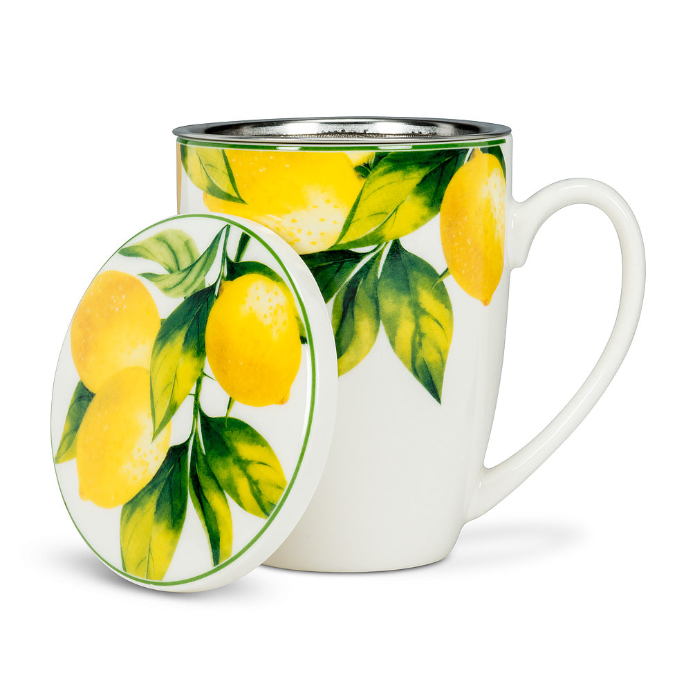 Lemon Tree Covered Mug & Strainer. 3 pieces