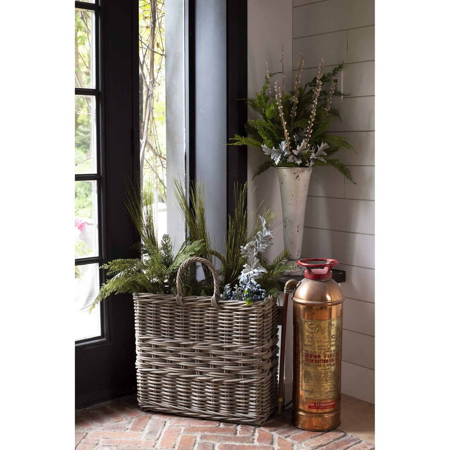 Tall Rect Grey Rattan Basket w Handles