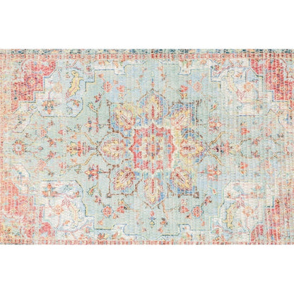 Indian-inspired rug in shades of pink, aqua and ivory. Available in 2 sizes 100% polyester Machine washable