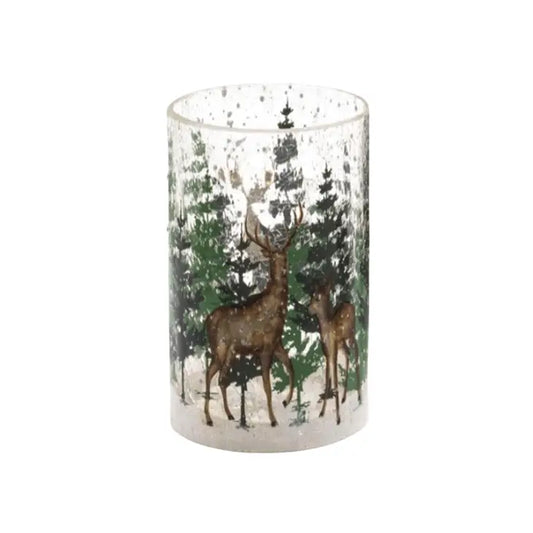 Frosted Glass Votive Holder -Deer Forest Scene