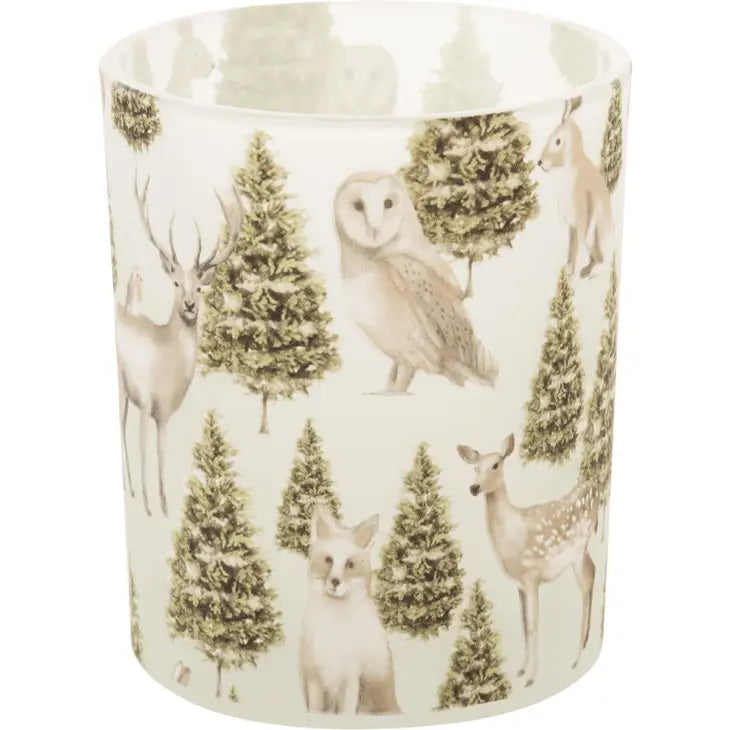 Glass Tea Light Holder Woodland Animal Scenery